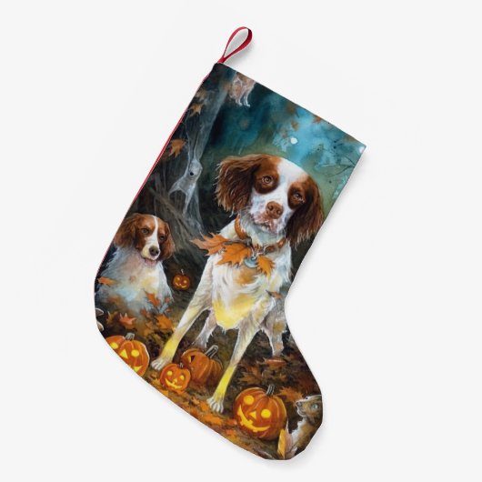 Halloween Brittany Spaniel mit Pumpkins Beängstige Kleiner Weihnachtsstrumpf (Vorderansicht (hängend))