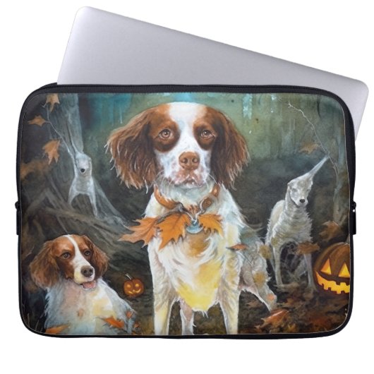 Halloween Brittany Spaniel mit Pumpkins Beängstige Laptopschutzhülle (Vorderseite)