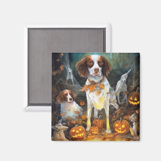 Halloween Brittany Spaniel mit Pumpkins Beängstige Magnet (Vorderseite/Rückseite)