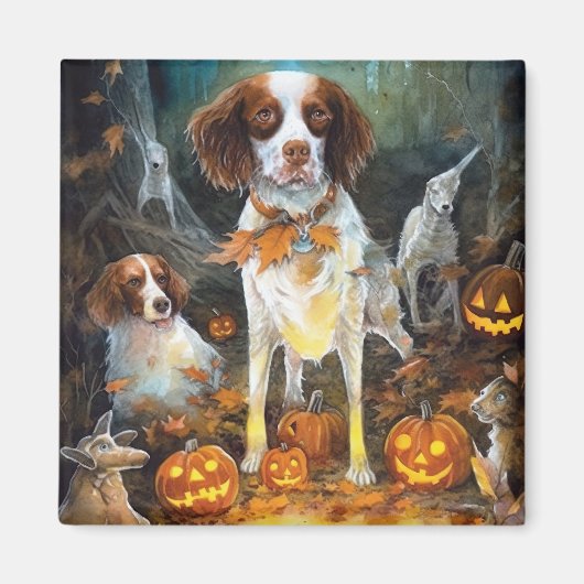 Halloween Brittany Spaniel mit Pumpkins Beängstige Magnet (Vorne)