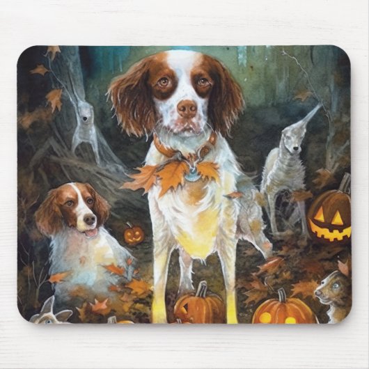 Halloween Brittany Spaniel mit Pumpkins Beängstige Mousepad (Vorne)