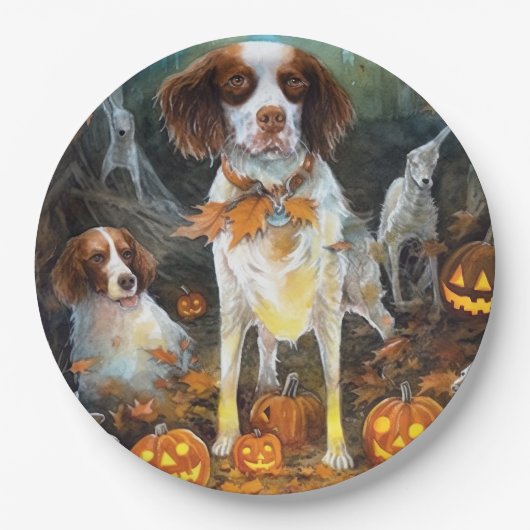 Halloween Brittany Spaniel mit Pumpkins Beängstige Pappteller (Vorderseite)