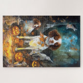 Halloween Brittany Spaniel mit Pumpkins Beängstige Puzzle (Horizontal)