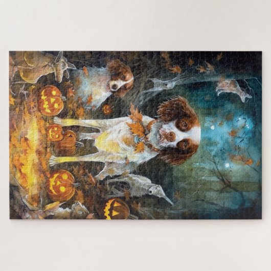 Halloween Brittany Spaniel mit Pumpkins Beängstige Puzzle (Horizontal)