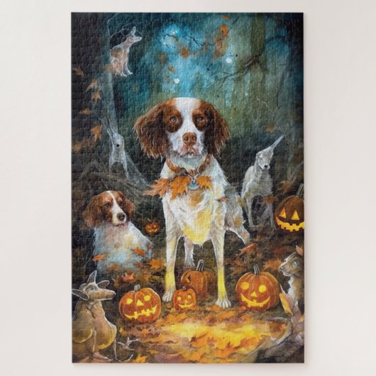 Halloween Brittany Spaniel mit Pumpkins Beängstige Puzzle (Vertikal)