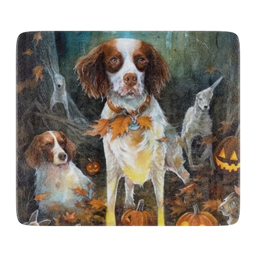 Halloween Brittany Spaniel mit Pumpkins Beängstige Schneidebrett (Vorderseite)