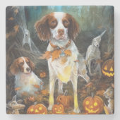 Halloween Brittany Spaniel mit Pumpkins Beängstige Steinuntersetzer (Vorderseite)