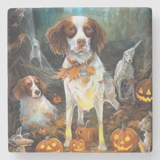 Halloween Brittany Spaniel mit Pumpkins Beängstige Steinuntersetzer (Vorderseite)
