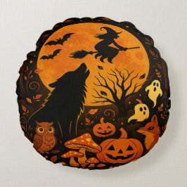 Halloween Broom Flying Witch and Moon Rundes Kissen