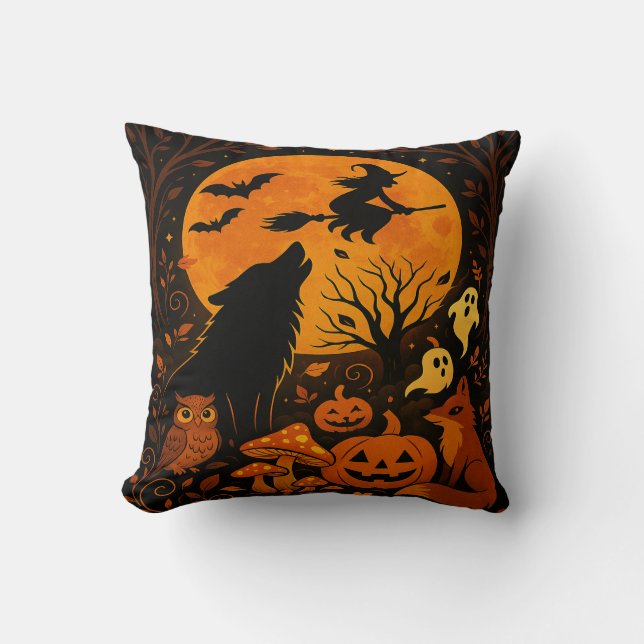Halloween Broom Flying Witch and Moon Throw Pillow Kissen (Vorderseite)