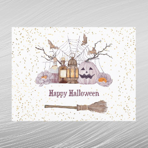 Halloween Broom Pumpkin Spider Web Lantern Feiertagspostkarte