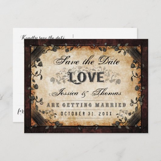 Halloween Brown Gothic LIEBE Rett Date PostCard Ankündigungspostkarte (Vorne/Hinten)