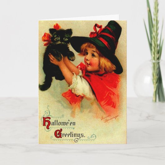 Halloween Brundage Girl with Black Hat and Cat Karte (Vorderseite)