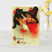 Halloween Brundage Girl with Black Hat and Cat Karte (Gelbe Blume)