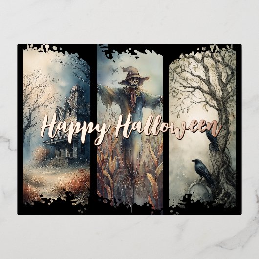 Halloween Brushstroke Triptych Folien Feiertagspostkarte (Vorderseite)