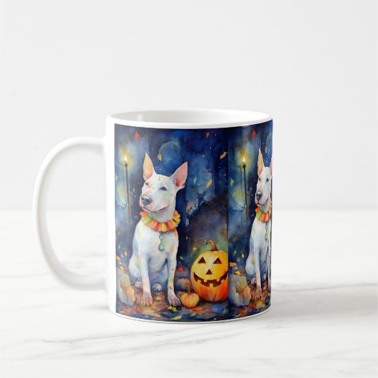 Halloween Bull Terrier mit Pumpkins Beängstigend Kaffeetasse (Links)