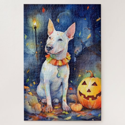 Halloween Bull Terrier mit Pumpkins Beängstigend Puzzle (Vertikal)