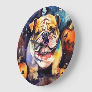 Halloween Bulldog mit Pumpkins Beängstigend Große Wanduhr