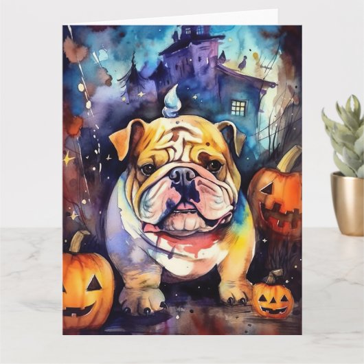 Halloween Bulldog mit Pumpkins Beängstigend Karte (Kleine Pflanze)