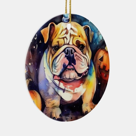 Halloween Bulldog mit Pumpkins Beängstigend Keramik Ornament (Rechts)