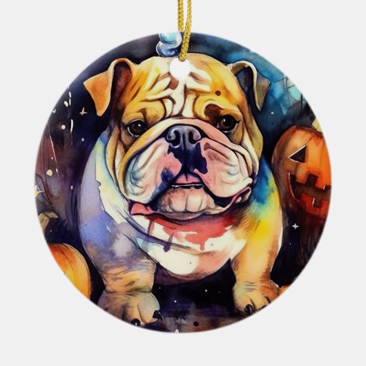 Halloween Bulldog mit Pumpkins Beängstigend Keramik Ornament (Vorne)