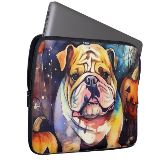 Halloween Bulldog mit Pumpkins Beängstigend Laptopschutzhülle (Vorne Rechts)