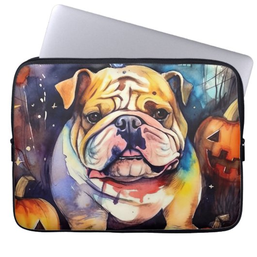 Halloween Bulldog mit Pumpkins Beängstigend Laptopschutzhülle (Vorderseite)