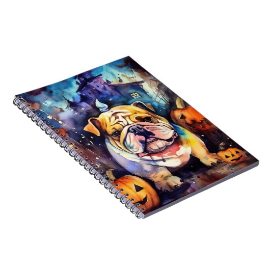 Halloween Bulldog mit Pumpkins Beängstigend Notizblock (Rechte Seite)