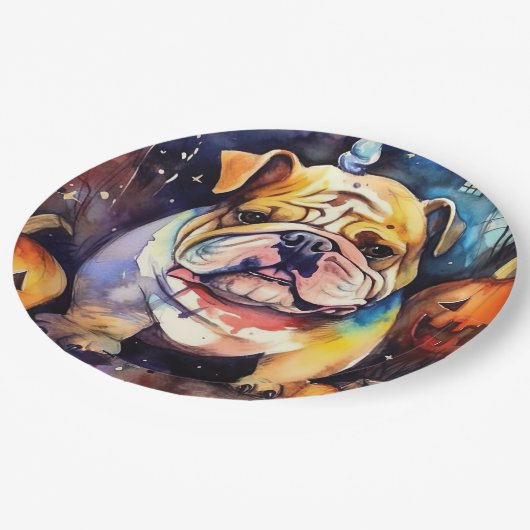 Halloween Bulldog mit Pumpkins Beängstigend Pappteller (Schrägansicht)