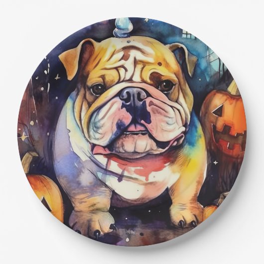 Halloween Bulldog mit Pumpkins Beängstigend Pappteller (Vorderseite)