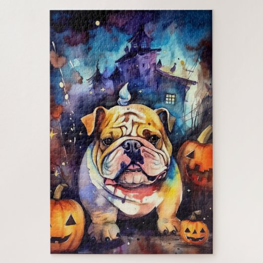 Halloween Bulldog mit Pumpkins Beängstigend Puzzle (Vertikal)