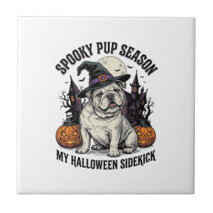 Halloween Bulldog-Shirt Süße Hexe Hund Vintage Gra Fliese