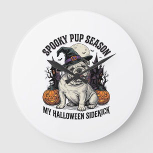 Halloween Bulldog-Shirt Süße Hexe Hund Vintage Gra Große Wanduhr