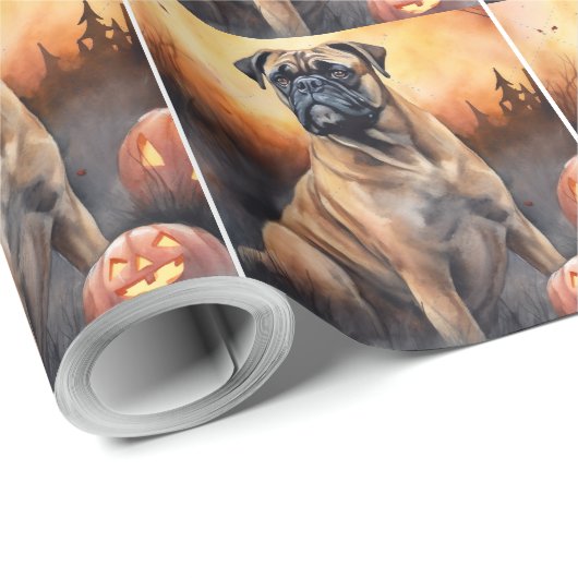 Halloween Bullmastiff mit Pumpkins Beängstigend Geschenkpapier (Rolleneckpunkt)