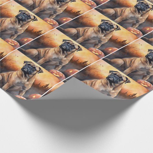 Halloween Bullmastiff mit Pumpkins Beängstigend Geschenkpapier (Ecke)