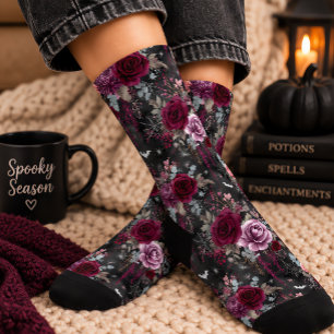 Halloween Burgunder Blumen Fledermaus Socken