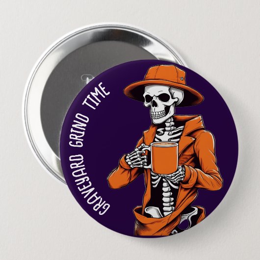 Halloween Buttons, Graveyard Grind Time Skelett Button (Vorne & Hinten)