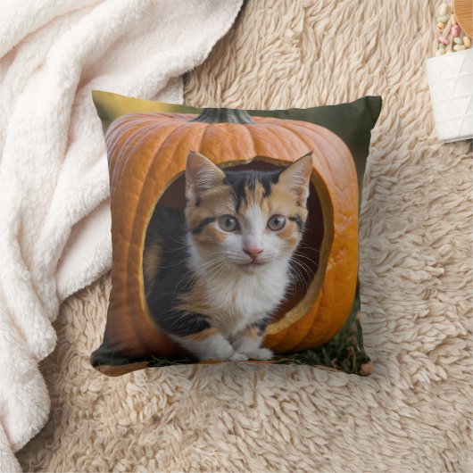 Halloween Calico Kitten sitzt in einem Kürbis Kissen (Decke)
