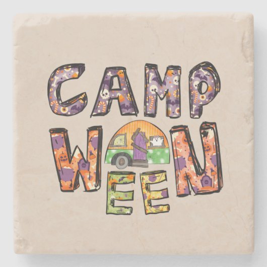 Halloween-Camping | Wortpuffer Steinuntersetzer (Vorderseite)