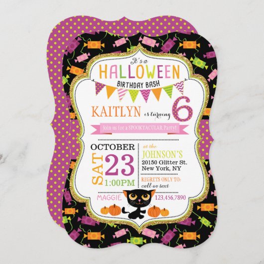 Halloween Candy Black Cat Pumpkins Geburtstag Einladung (Vorne/Hinten)