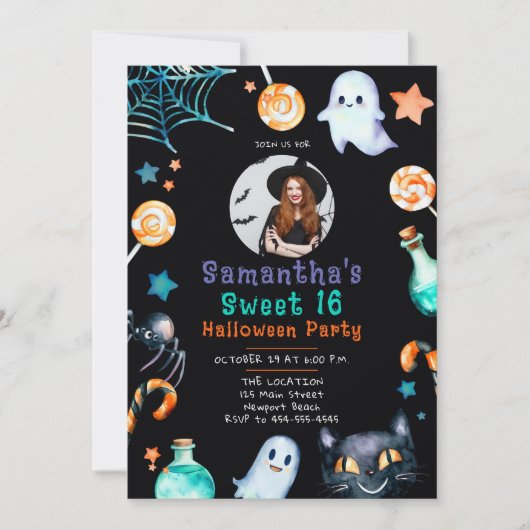 Halloween Candy Frame Ghost Schwarz Sweet 16 Foto Einladung (Vorderseite)