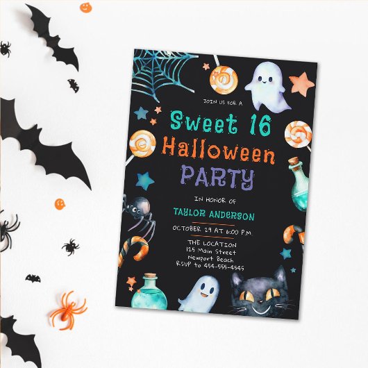 Halloween Candy Frame Ghosts Black Cat Sweet 16 Einladung