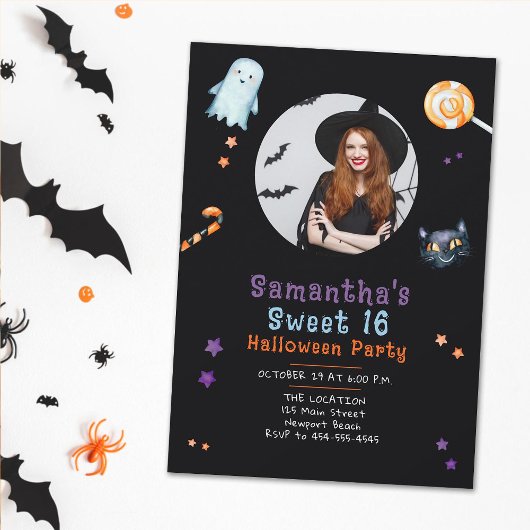 Halloween Candy Ghost Black Cat Sweet 16 Foto Einladung