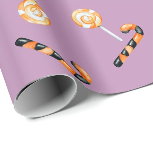 Halloween Candy Lolly Cane Black Orange Fun Lilac Geschenkpapier (Rolleneckpunkt)
