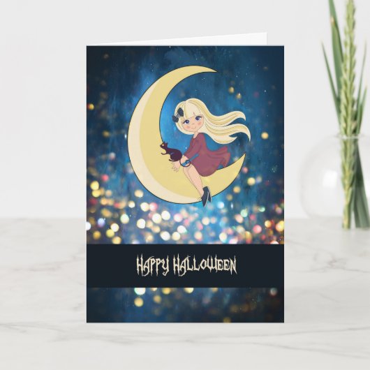 Halloween Card mit Hübscher Hexe & Katze für Kind Karte (Vorderseite)