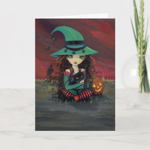 Halloween Card Niedlich Hexe und Schwarze Katze Karte