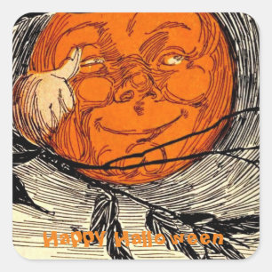 Halloween Card Vintag Orange Moon Illustration Quadratischer Aufkleber