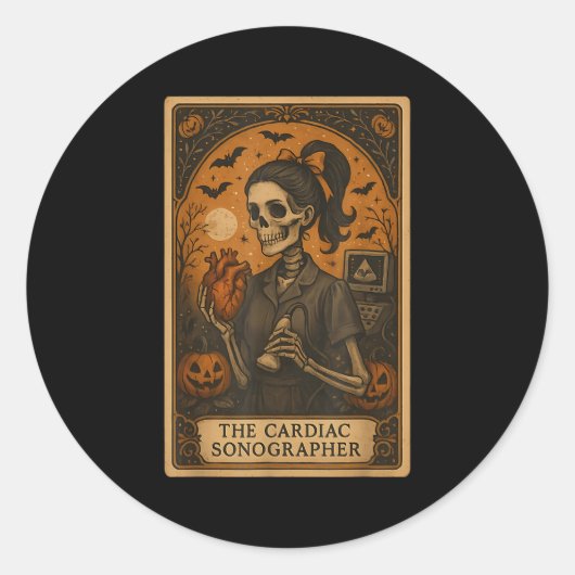 Halloween Cardiac Sonographer Tarot Card Skeleton  Runder Aufkleber (Vorderseite)