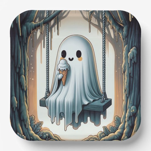 Halloween-Cartoon-Geist mit Eistüte Pappteller (Vorderseite)