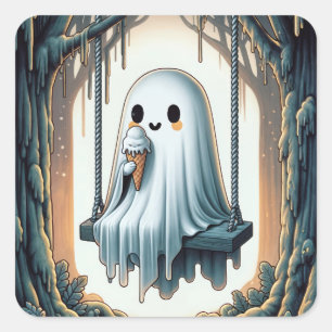 Halloween-Cartoon-Geist mit Eistüte Quadratischer Aufkleber